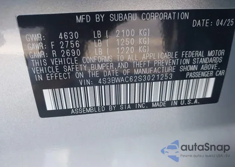 2025 Subaru Legacy Premium from USA, damaged, VIN 4S3BWAC62S3021253